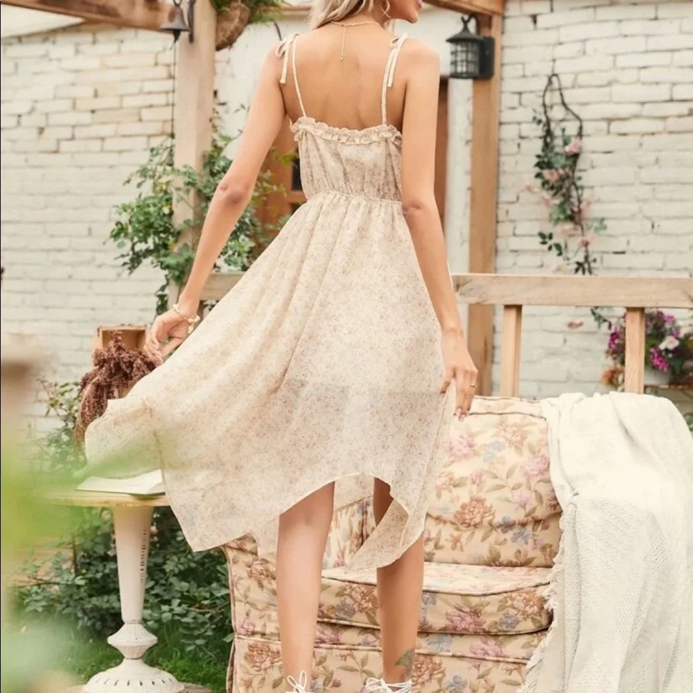 Floral dress ruffle chiffon flower womens summer floral garden dress cream - Picture 5 of 6